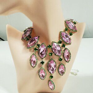 Bib Necklace in Pink & Green Rhinestones W/Earrings